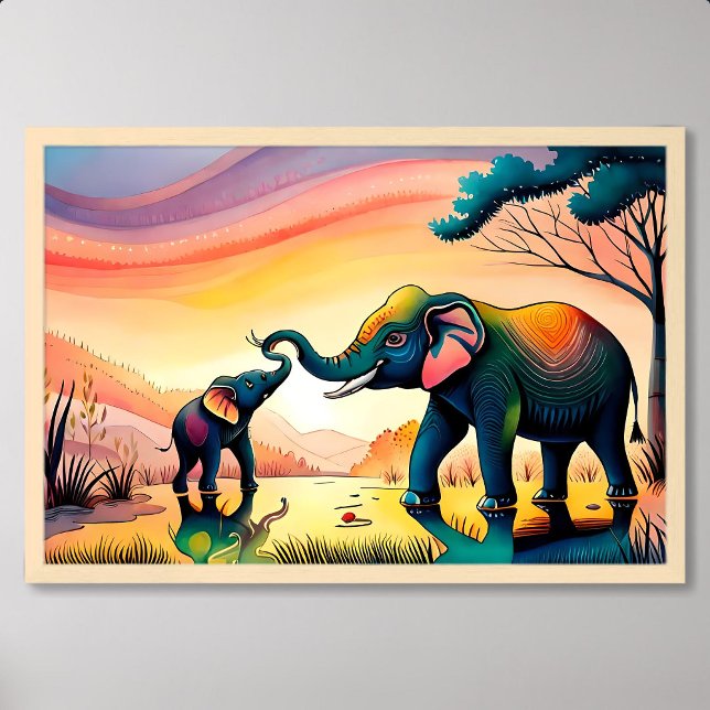 Poster pintura elefante na índia criança mãe feliz vida (elephant painting india child mother happy life)