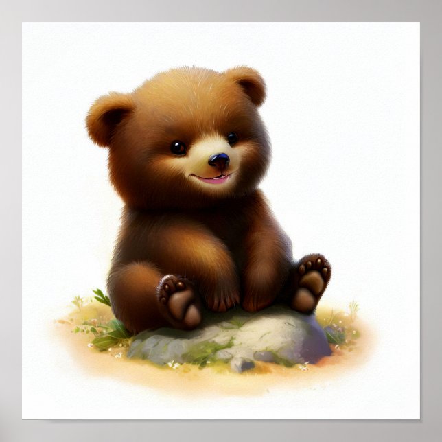 Poster Pintura em aquarela 3D de um Cubo de Urso Grizzly (Frente)