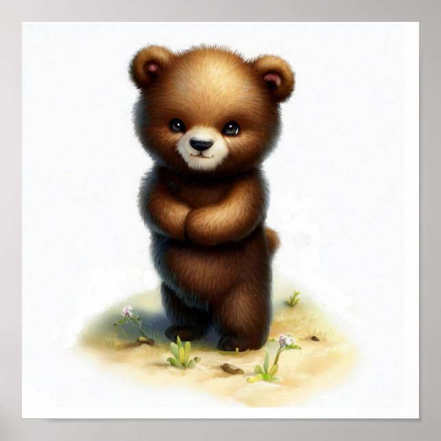 Poster Pintura em aquarela 3D de um Cubo de Urso Grizzly (Frente)