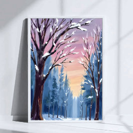 Poster Pintura em Aquarela da Floresta de Inverno com Nev