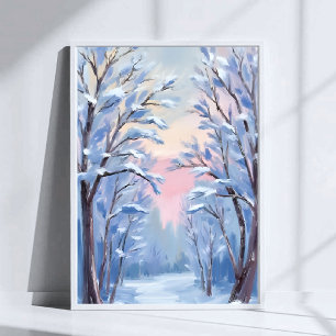 Poster Pintura em Aquarela da Floresta de Neve de Inverno