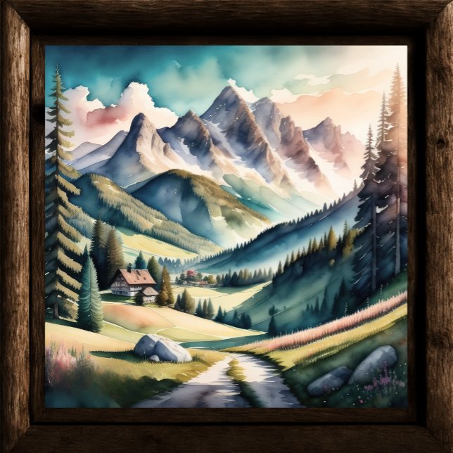 Poster Pintura em Aquarela da Paisagem Montanha (Criador carregado)