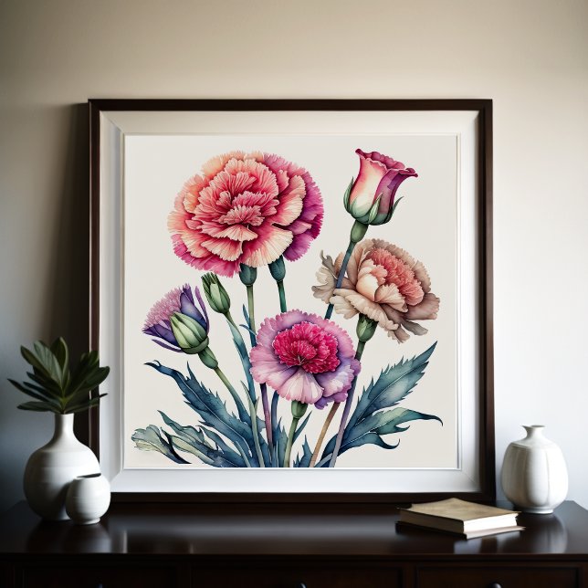 Poster Pintura em Aquarela de Cravos Rosa (Criador carregado)