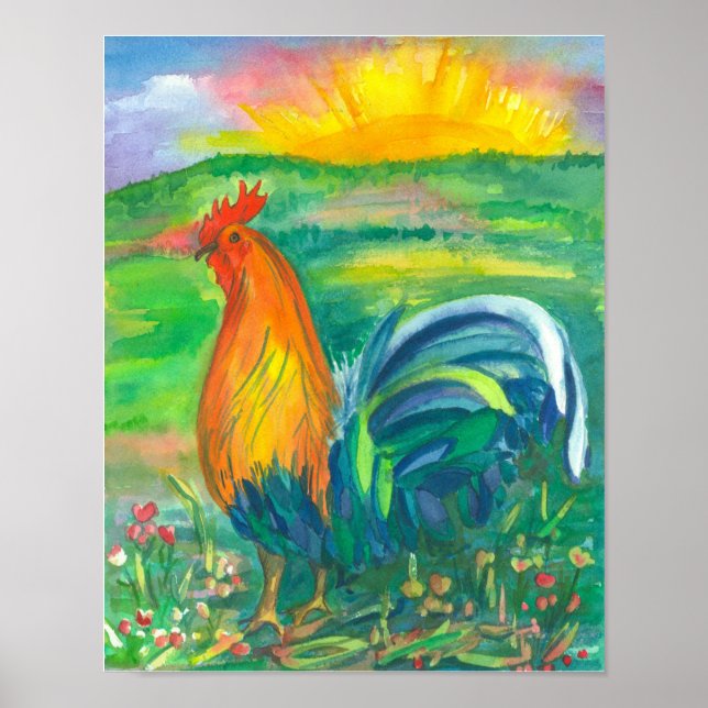 Pôster Pintura em Aquarela de Galinha Rooster (Frente)