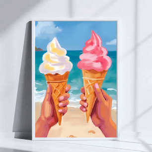 Poster Pintura em Aquarela de Oceano na Praia de Sorvete