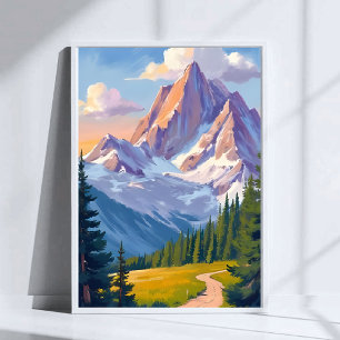Poster Pintura em Aquarela de Paisagem de Montanha
