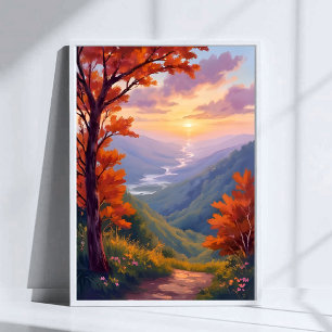 Poster Pintura em Aquarela de Paisagem de Outono Folhagem