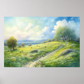 Poster Pintura em aquarela de pasto montanhoso
