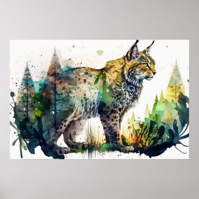 Poster Pintura em Aquarela de uma Floresta Lynx Natureza  (Frente)