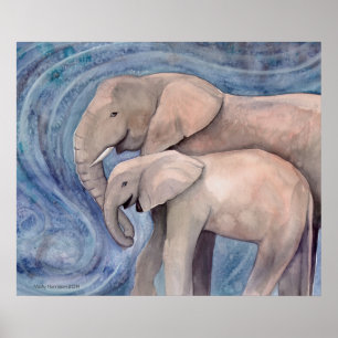 Pôster Pintura em aquarela de vida selvagem de dois elefa