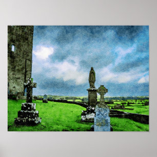 Poster Pintura em aquarela do cemitério Rock of Cashel