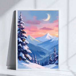 Poster Pintura em Aquarela do Luar de Inverno na Montanha