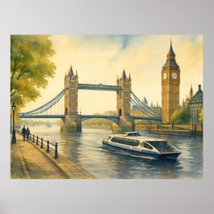 Poster Pintura em aquarela do moderno Tâmisa de Londres