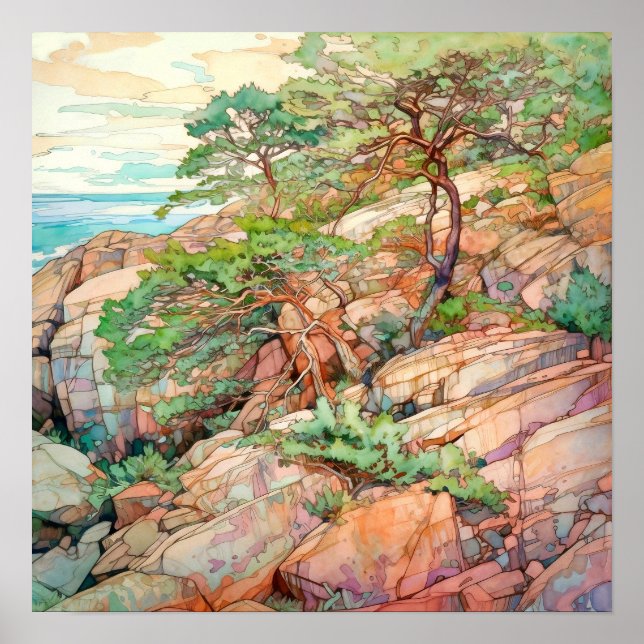 Poster Pintura em Aquarela do Parque Nacional Acadia (Frente)
