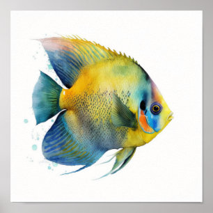 Poster Pintura em aquarela do peixe-anjo de frente amarel