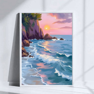 Poster Pintura em Aquarela do Pôr do Sol de Algodão Doce 