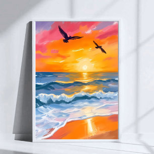 Poster Pintura em Aquarela do Pôr do Sol no Oceano Dourad