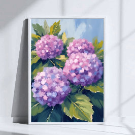 Poster Pintura em Aquarela Floral de Hortênsias Roxas