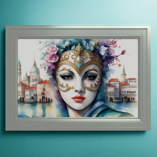 Poster Pintura em aquarela Lady Vestindo máscara venezian