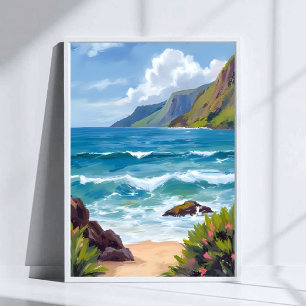 Poster Pintura em Aquarela Ondas Azuis da Costa do Oceano