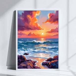 Poster Pintura em Aquarela Pastel do Pôr do Sol no Oceano