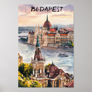 Poster Pintura em aquarela vintage Budapeste Hungria