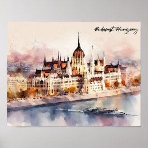 Poster Pintura em Aquarela Vista Panorâmica de Budapeste