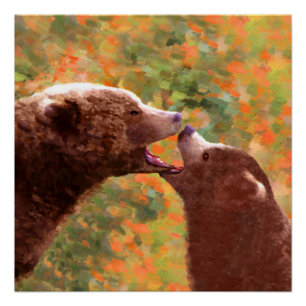 Pôster Pintura em Cubo e Mãe de Urso Grizzly - Arte da Vi