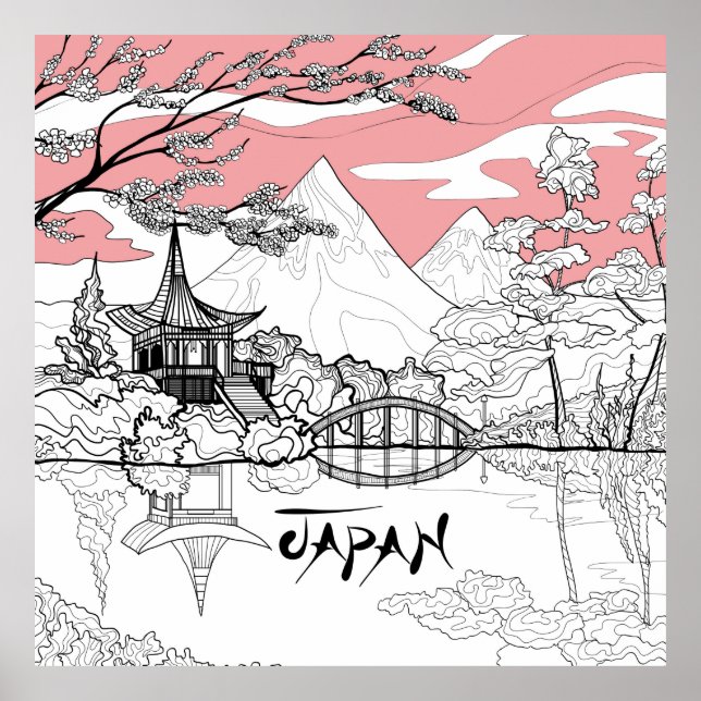 Poster Pintura em Linha do Templo Japonês Lake Mountain (Frente)