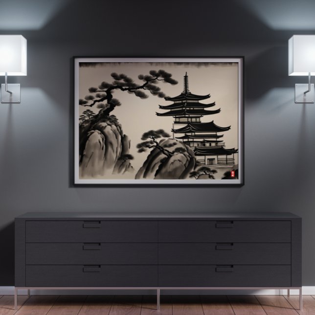 Poster Pintura em Paisagem Japonesa (Japanese Landscape Ink Painting Poster)