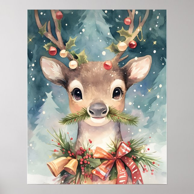 Poster Pintura em Parede de Renas de Natal em Aquarela De (Frente)