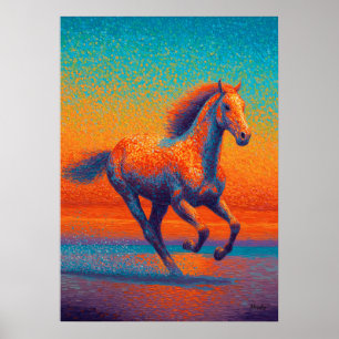 Poster Pintura em Pontilhismo do Cavalo Correndo na Praia