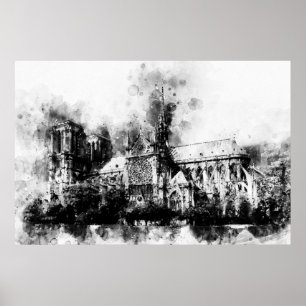 Poster Pintura em Preto e Branco da Catedral de Notre Dam