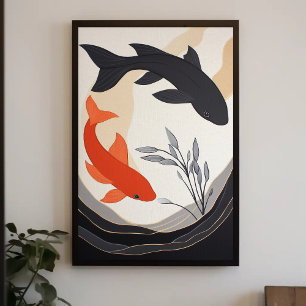 Poster Pintura estética de peixes de Koi, preto e laranja
