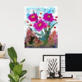 Poster Pintura Floral Botânica de Flores Rosa Abstratas