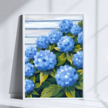Pintura Floral de Arbustos de Hortênsias Azuis