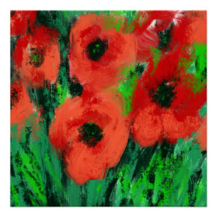 Pôster Pintura Floral de Papoulas Vermelhas Abstratas