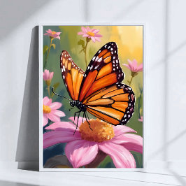 Poster Pintura Floral Flor de Rosa Borboleta Monarca