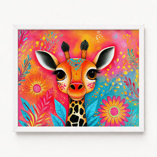 Poster Pintura Floral Girafa Laranja Rosa