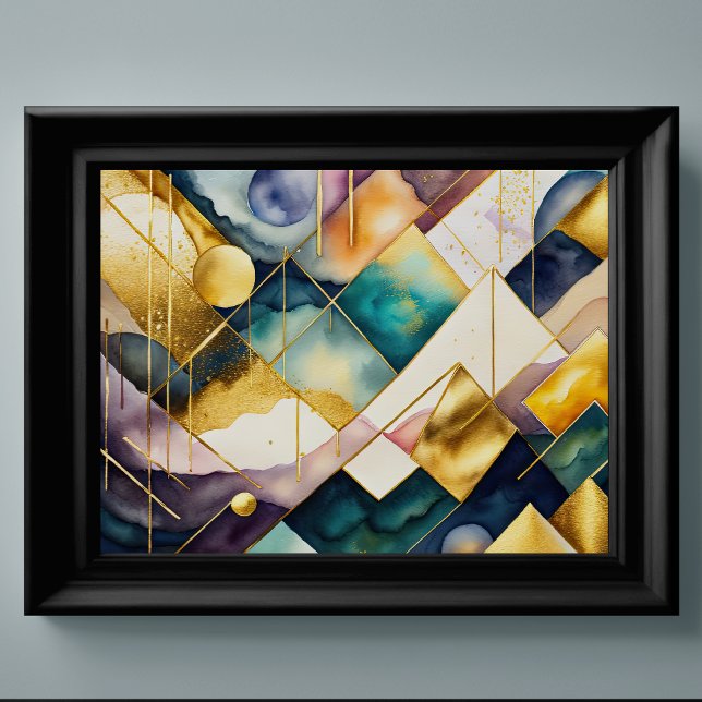 Poster Pintura geométrica com Abstrato de Aquarela Dourad (Criador carregado)