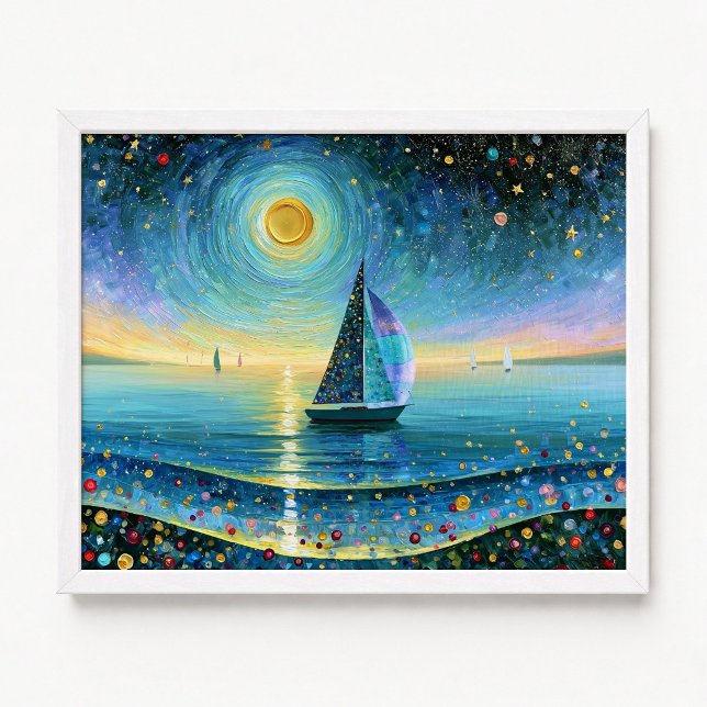 Poster Pintura Impasto Sob Lua Cheia (Sailing Under Full Moon Impasto Painting Poster)