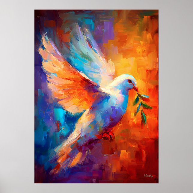 Poster Pintura Impressionista da Pomba da Paz Voadora (Frente)