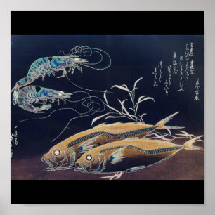 Pôster Pintura japonesa da vida marinha cerca de 1800's