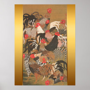 Pôster Pintura japonesa dos galos com fundo dourado