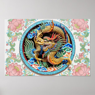 Pôster Pintura legal do dragão colorido japonês chinês