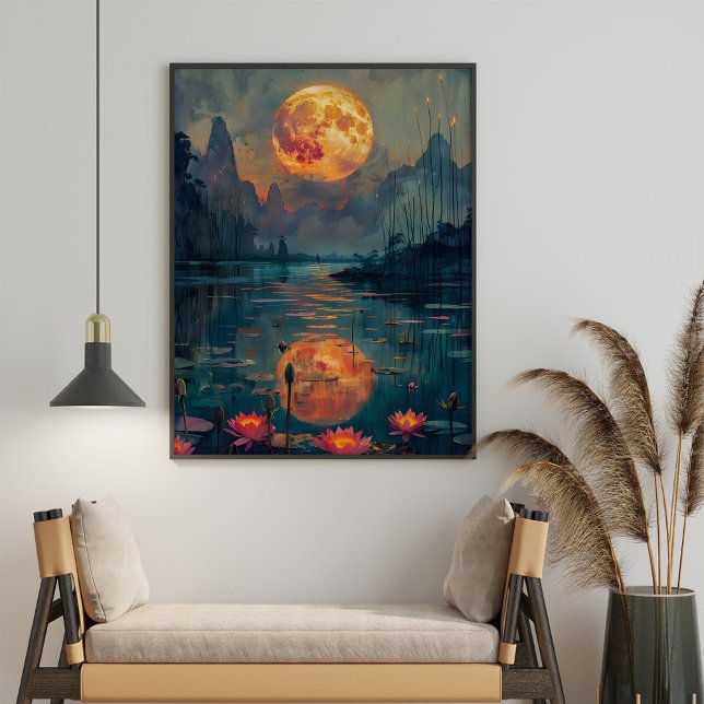 Poster Pintura Lua Cheia e Lago com Flores de Lótus (Full Moom and Lake with Lotus Flowers Painting Poster in a boho living room.)