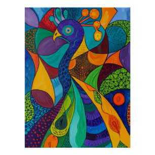 Pôster Pintura Mosaico Abstrato Vibrante de Pavão