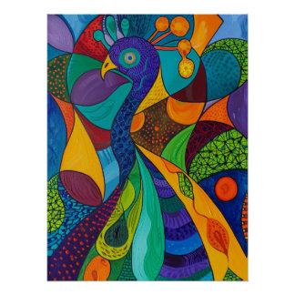Pôster Pintura Mosaico Abstrato Vibrante de Pavão