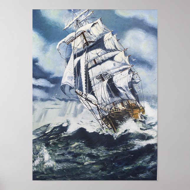 Poster Pintura Náutica de Navio no Oceano (Frente)