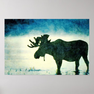 Poster Pintura nevoenta da aguarela da silhueta dos alces